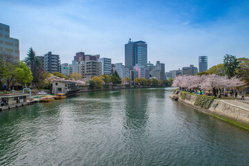Fototapeta na wymiar 桜の咲く広島平和公園を流れる元安川