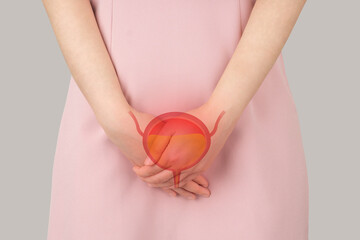 Bladder with urine illustration on female body against gray background. Woman have bladder problems include urinary tract infections, urinary incontinence or urinary retention. Human urinary system. - obrazy, fototapety, plakaty