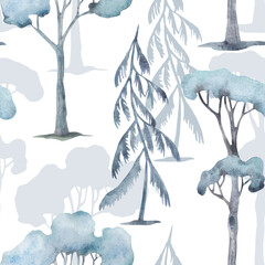 Hand drawn watercolor seamless pattern with decorative stylized trees. Forest motif on a white background.