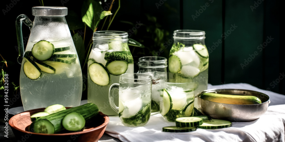 Aufkleber the image of an alcoholic cucumber drink in a summer mint jar was refreshingly cold - generative ai
