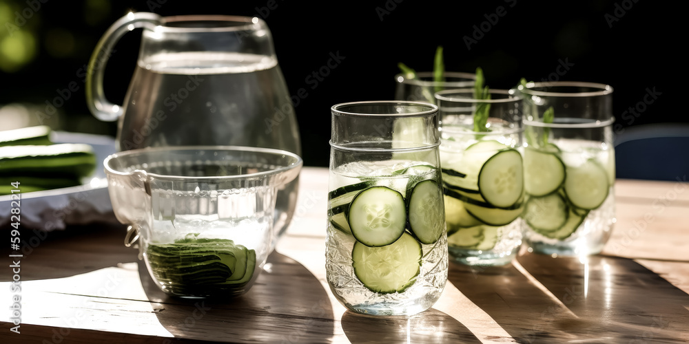 Poster refreshing jar of alcohol-infused cucumber drink with summer mint was created - generative ai
