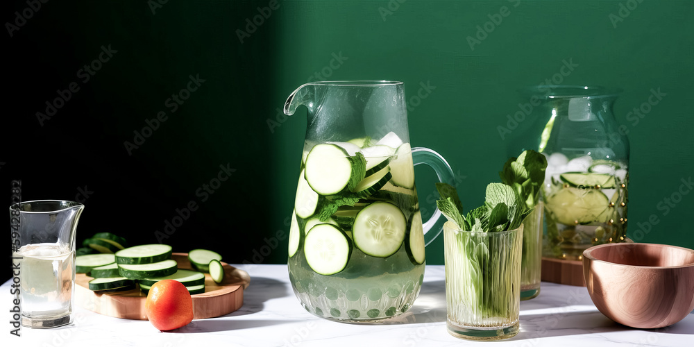 Poster the cold refreshment of an alcoholic cucumber drink was jarred in a summer mint jar - generative ai.
