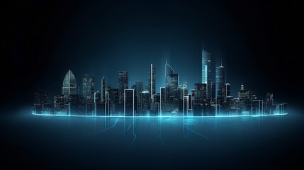 An isolated smart city on a dark blue background, featuring intelligent infrastructure. This futuristic cityscape showcases IoT, 5G and AI integration with copy space for added context. Generative AI