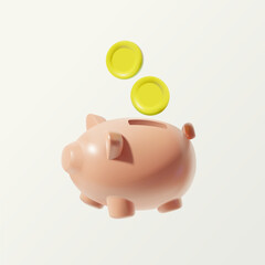 3D piggy bank with coin isolated on white background.