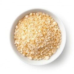 Dried garlic granules in white bowl isolated on white. Ingredient, seasoning, recipe. 