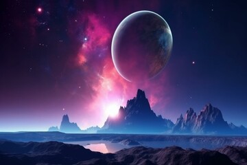 Epic and beautiful planet with purple and blue atmosphere in space. Generative AI