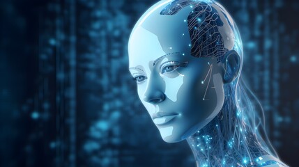 Une femme robot IA sur fond technologique bleu
 - obrazy, fototapety, plakaty