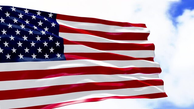 American Flag Video 4K, 3D. Waving American Flag on the sky background. Video USA Flag for 4th of July, USA Independence Day, American Election, Veterans Day, America, Labor, USA Memorial Day, US