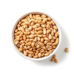 Peanuts in white bowl, isolated on white background. Ingredient, recipe, dessert, nuts.