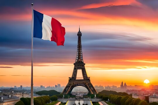 waving flag of France on background of sunset sky. Flag symbols of France.