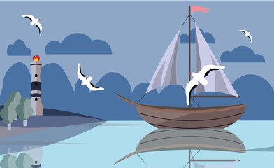 Naklejka premium Lake with empty boat with blue background, lighthouse and seagulls