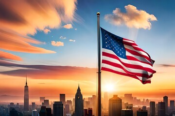 waving flag of USA on background of sunset sky. Flag symbols of America.