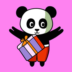 Flat cartoon vector design for cute animals, Cute mascot for a panda animal carrying a gift box