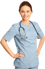 Female healthcare practitioner wearing scrubs
