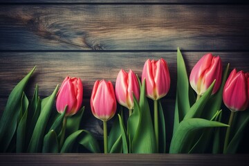 Obraz na płótnie Canvas Tulip blossom flowers on vintage wooden background, border frame design. vintage color tone - concept flower of spring or summer background. Generative AI