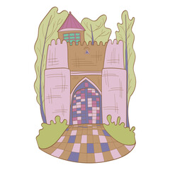 Stone castle wall vector background, medieval brick gate, old town entrance, wooden ancient door.