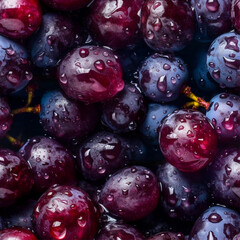 Generative Ripened grape seamless background by AI, close-up view of fresh grape adorned with water droplets.