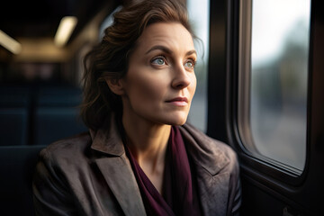 A fictional person. Confident Businesswoman Commuting on a Busy Train