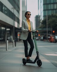 A fictional person. Confident Businesswoman Commuting on Electric Scooter