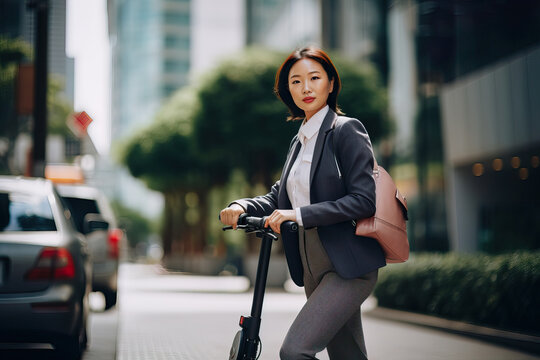 A fictional person. Confident Businesswoman Commuting on Electric Scooter