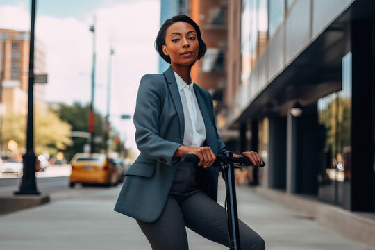A fictional person. Confident Businesswoman Commuting on Electric Scooter