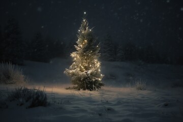 Christmas Tree In The Snow. Christmas Eve. Generative AI