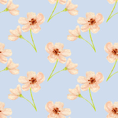 Fototapeta premium Watercolor seamless pattern, cherry blooming on blue background. Pattern for paper, fabric, various food products etc.