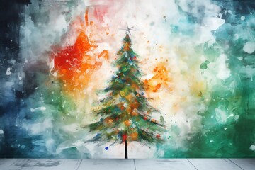 Painted Christmas Tree Over Holiday Backdrop. Christmas Eve. Generative AI