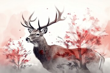 Red deer and flora in a double exposure. Christmas holiday. Generative AI