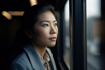 Fototapeta na wymiar A fictional person. Confident Businesswoman Commuting on a Busy Train
