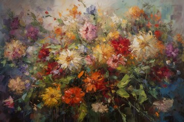 Obraz na płótnie Canvas An expressive oil painting of a lots of flowers. Generative AI