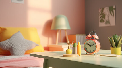 close up photo Children's desk with reading book, pencil, alarm clock with copy space.