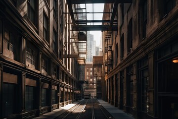 Naklejka na ściany i meble A Narrow Alley With A Train Track Running Through It And A Building With A Glass Roof City Alleyway Fine Art Photography Industrial Photography Generative AI