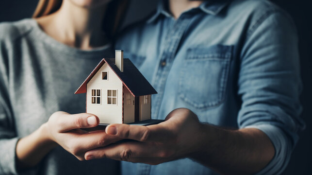 A young couple holds their dream home in their hands. Generative AI.