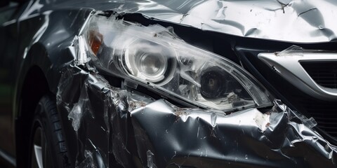 A cars crumpled bumper and shattered headlight, set against a somber, cautionary background, concept of Vehicle Collision Assessment, created with Generative AI technology