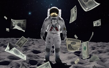 To the Moon. Astronaut on the moon with lots of money. Generative AI