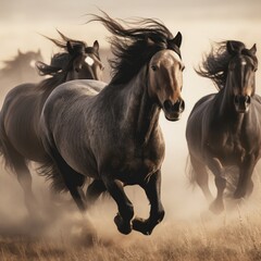 A flock of horses runing in a empty land ai, ai generative, illustration