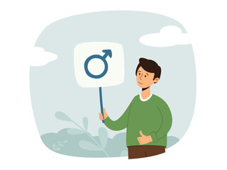 Feminism, empowerment, protest, freedom concept. Guy holding banner with male symbol. Activist standing for gender equality. Cartoon flat vector illustration.
