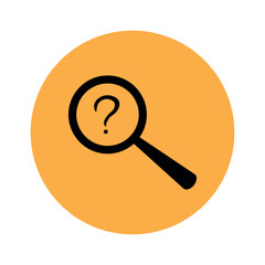 Magnifier icon with question mark on orange background. Silhouette of a magnifying glass and a question mark on an orange background in the form of a circle. Search answer icon