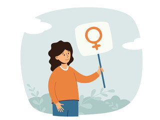 Feminism, empowerment, protest, freedom concept. Girl holding banner with female symbol. Activist standing for gender equality. Cartoon flat vector illustration.