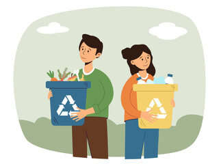 People sorting garbage. Separate waste collection, taking care of environment hand. Men and women throw out trash in plastic color dumpsters. Eco containers. Cartoon flat vector illustration.