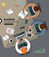 Business people workplace top view sitting at office desk work vector illustration flat design