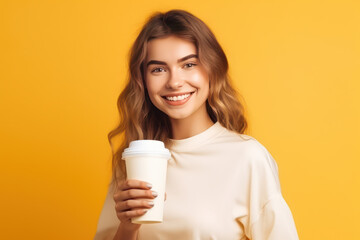 Mockup of young beautiful woman holding disposable paper Coffee cup on yellow background.