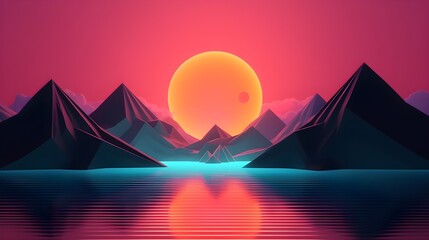 Paysage numérique retro vaporwave d'un coucher de soleil sur des montagne