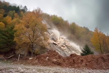 Collapse shoreline with brown dirt landslide. Generative Ai