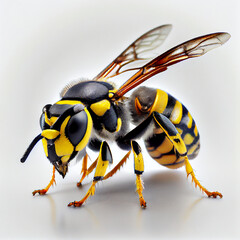 close-up of a wasp with detailed body markings and antennae on a white background