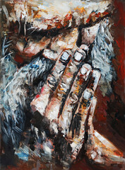 Portrait of an old sad man. Oil painting of a dark emotional man. A modern portrait of a grandfather who bowed his head and folded his hands to pray