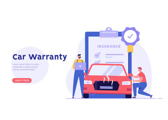 Car warranty service illustration. Auto warranty covers repair of vehicle. Car insurance, assurance coverage. Free car repair and maintenance. Vector flat cartoon design for web banners, UI