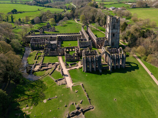 Aerial view of Fountains Abbey near Ripon in North Yorkshire in the northeast of England - obrazy, fototapety, plakaty