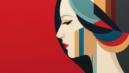 Profile of lonely woman looking down, femininity. Trendy abstract illustration in bauhaus style, vintage minimalistic geometry. Generative AI